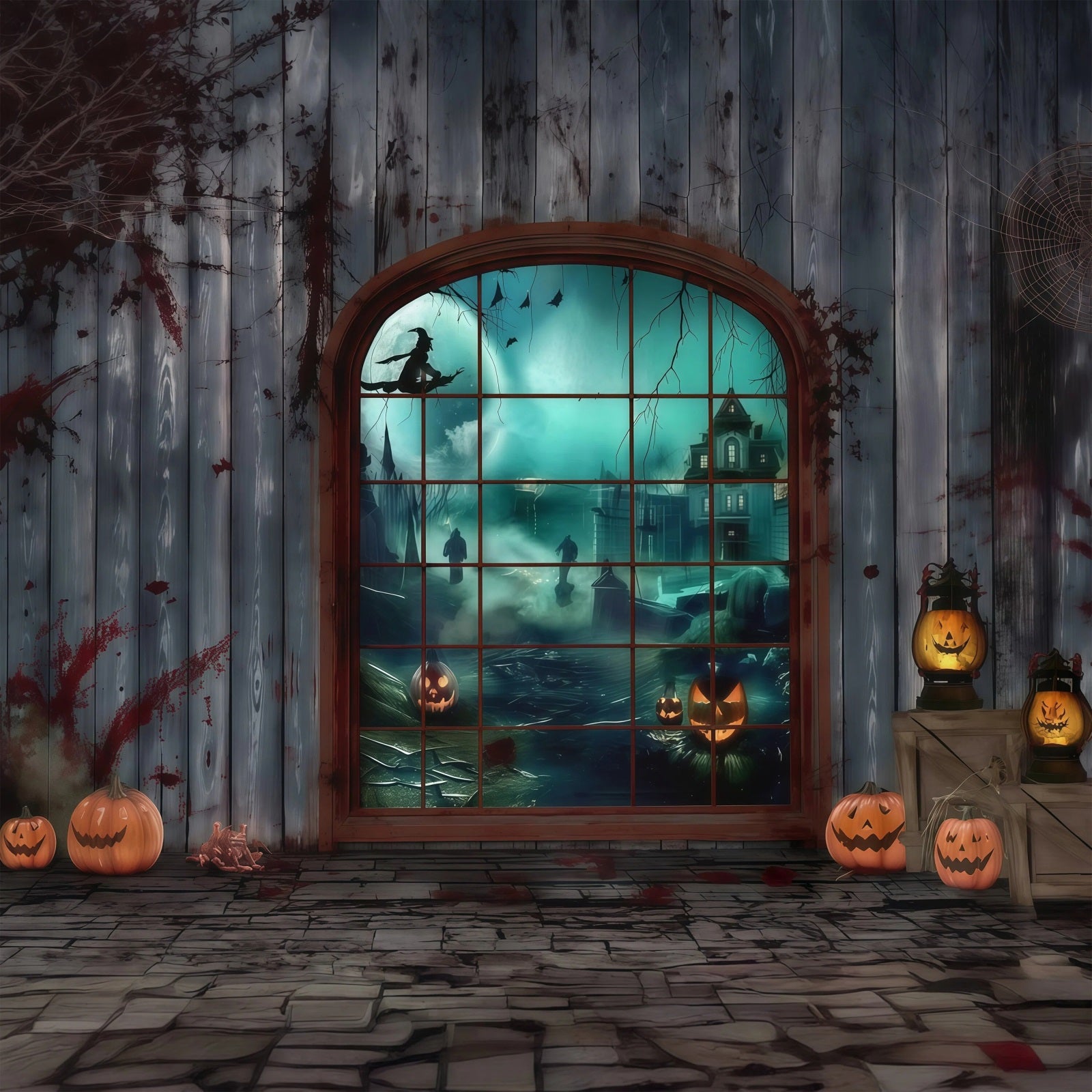 Halloween Bloody Backdrop Gothic Window Witch Pumpkins Halloween Backdrops RR67-2