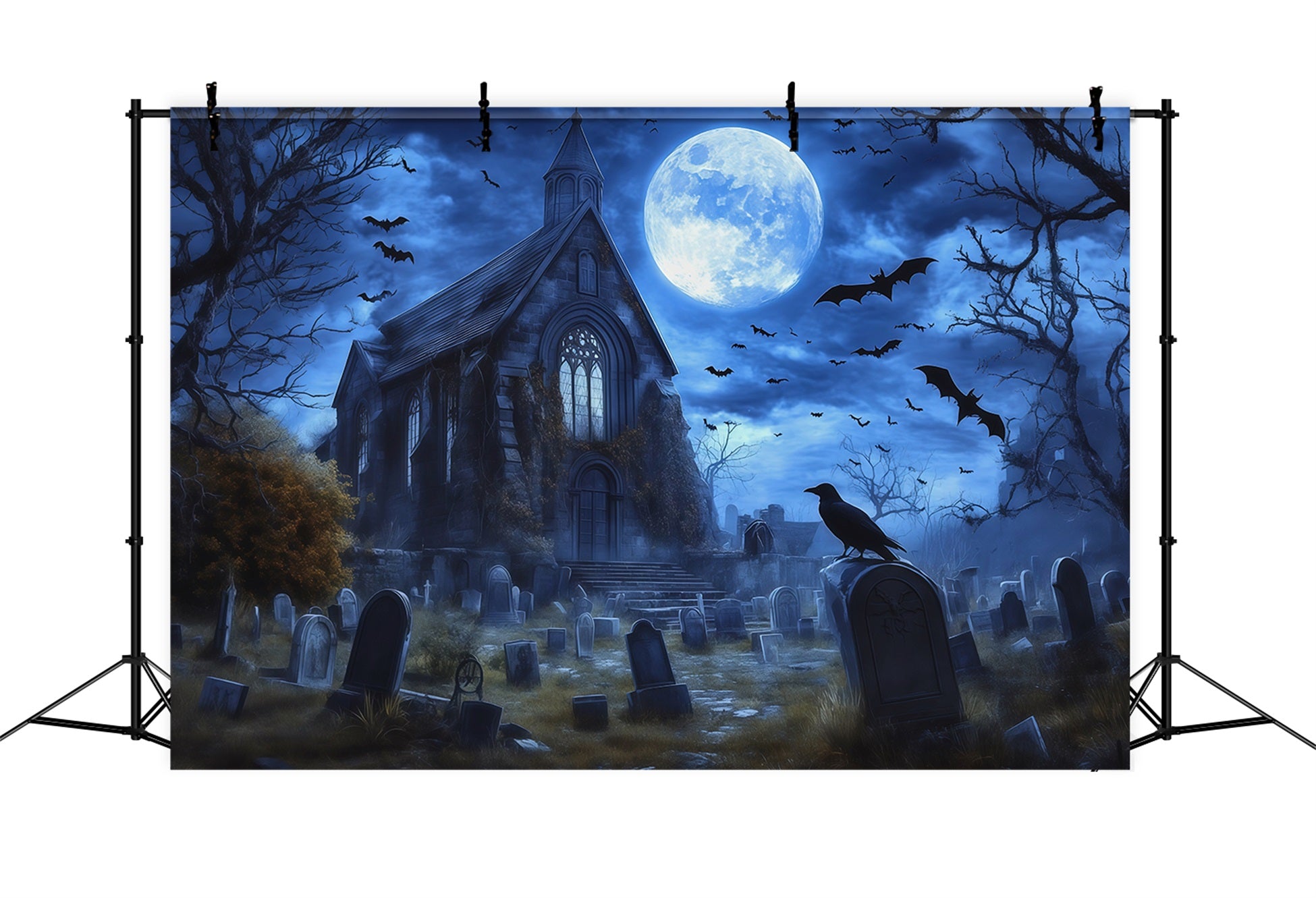 Halloween Graveyard Backdrops Moonlit Gothic House Bats Photo Booth Halloween Backdrop RR67-22