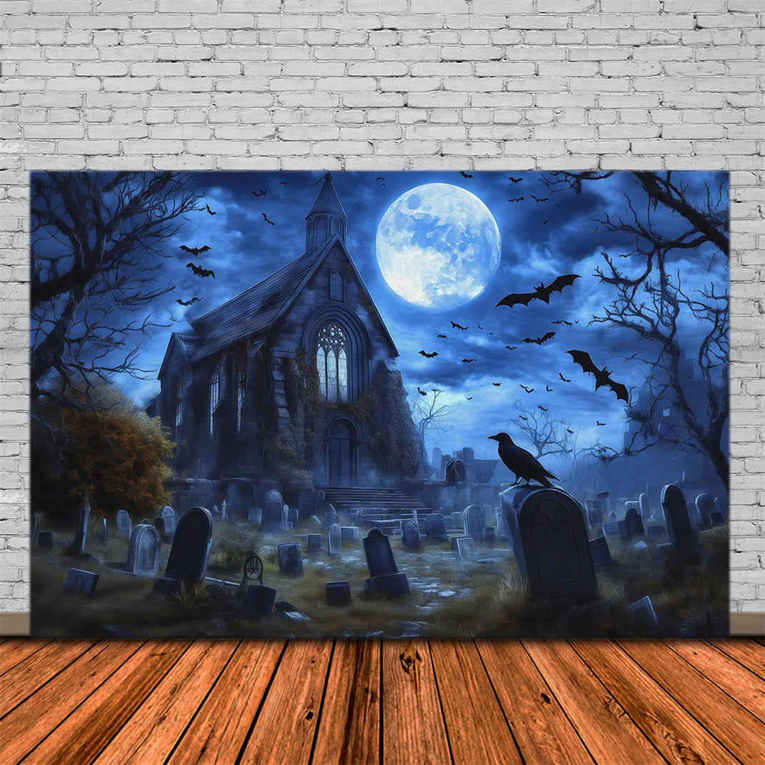 Halloween Graveyard Backdrops Moonlit Gothic House Bats Photo Booth Halloween Backdrop RR67-22