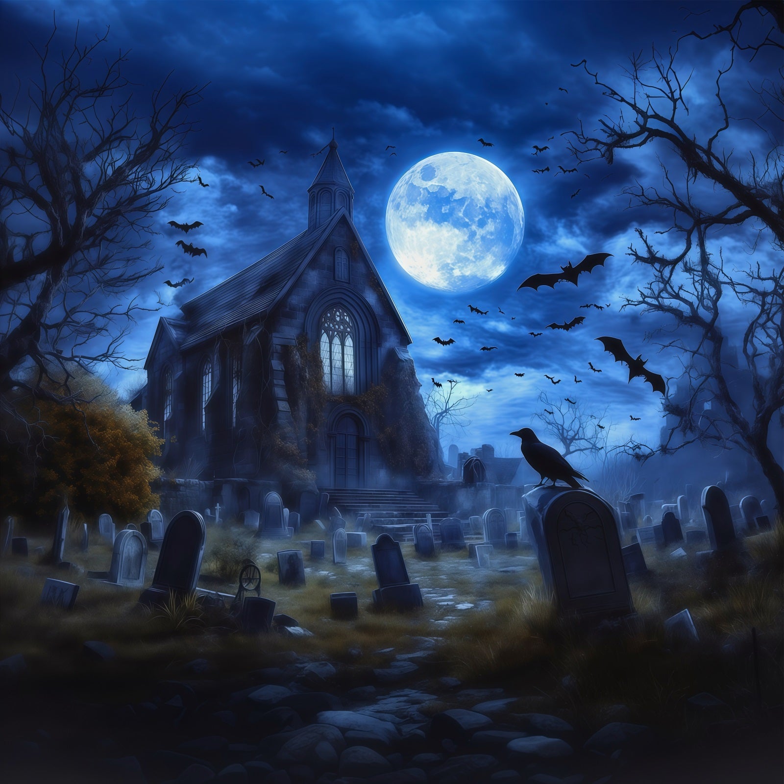 Halloween Graveyard Backdrops Moonlit Gothic House Bats Photo Booth Halloween Backdrop RR67-22