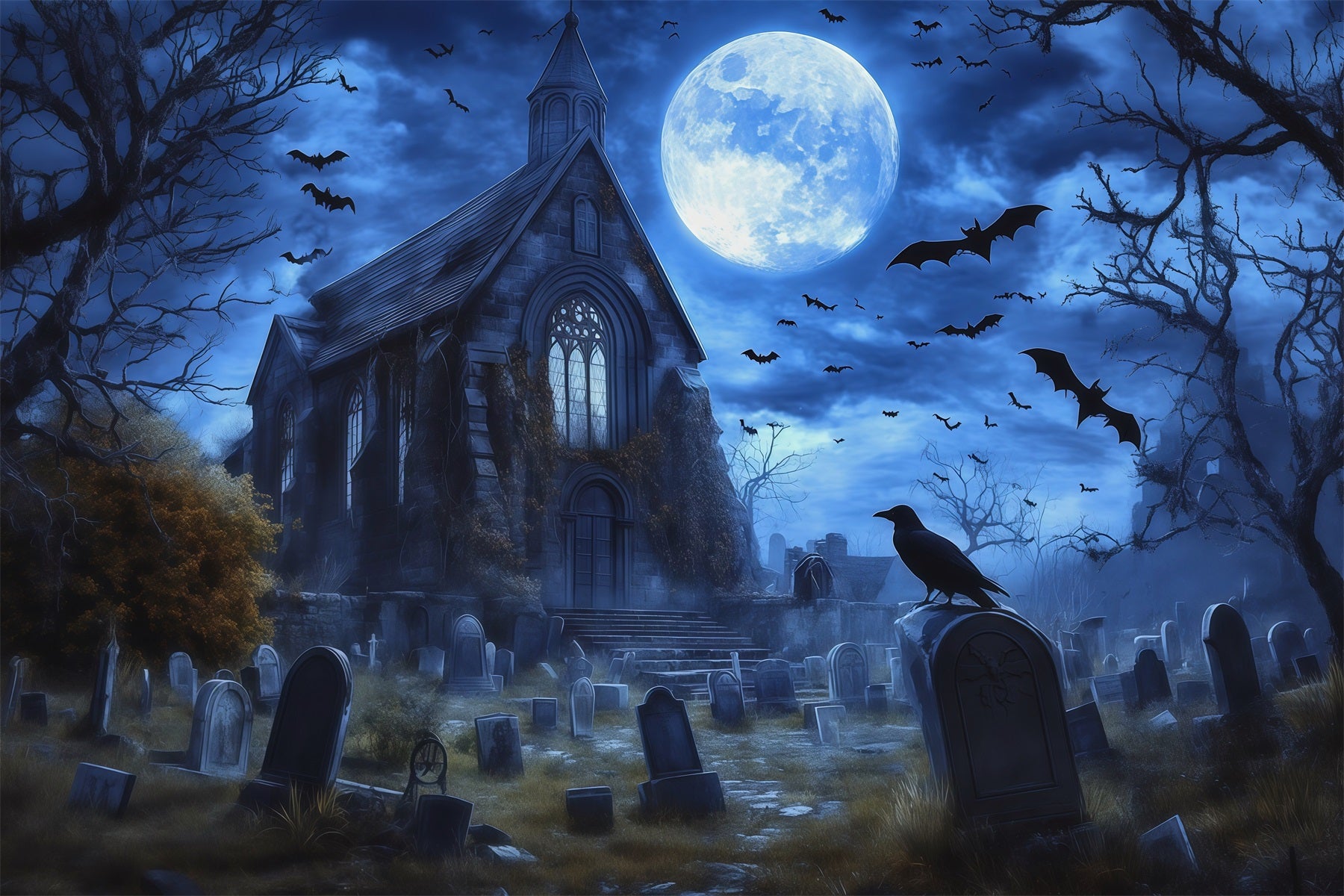 Halloween Graveyard Backdrops Moonlit Gothic House Bats Photo Booth Halloween Backdrop RR67-22
