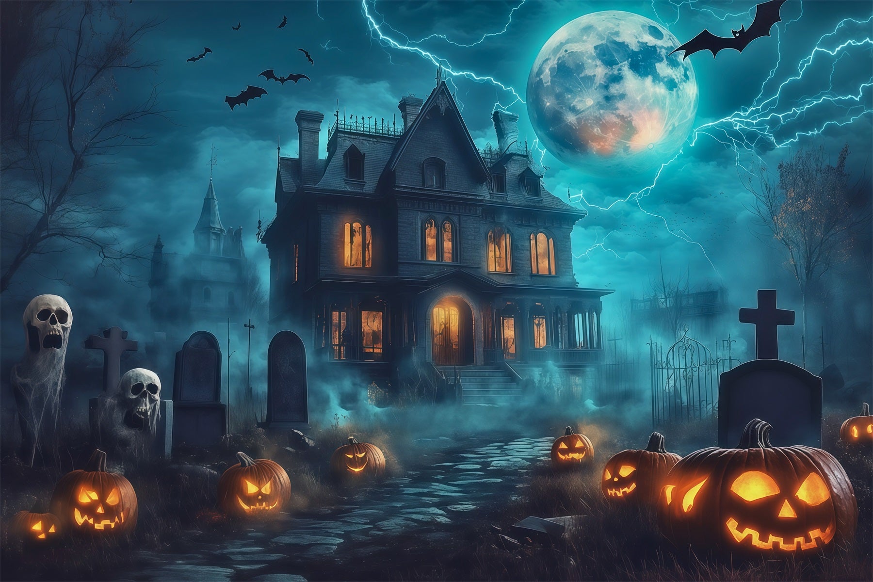 Halloween House Backdrop Lightning Mansion Pumpkin Graveyard Halloween Cemetery Backdrop RR67-27