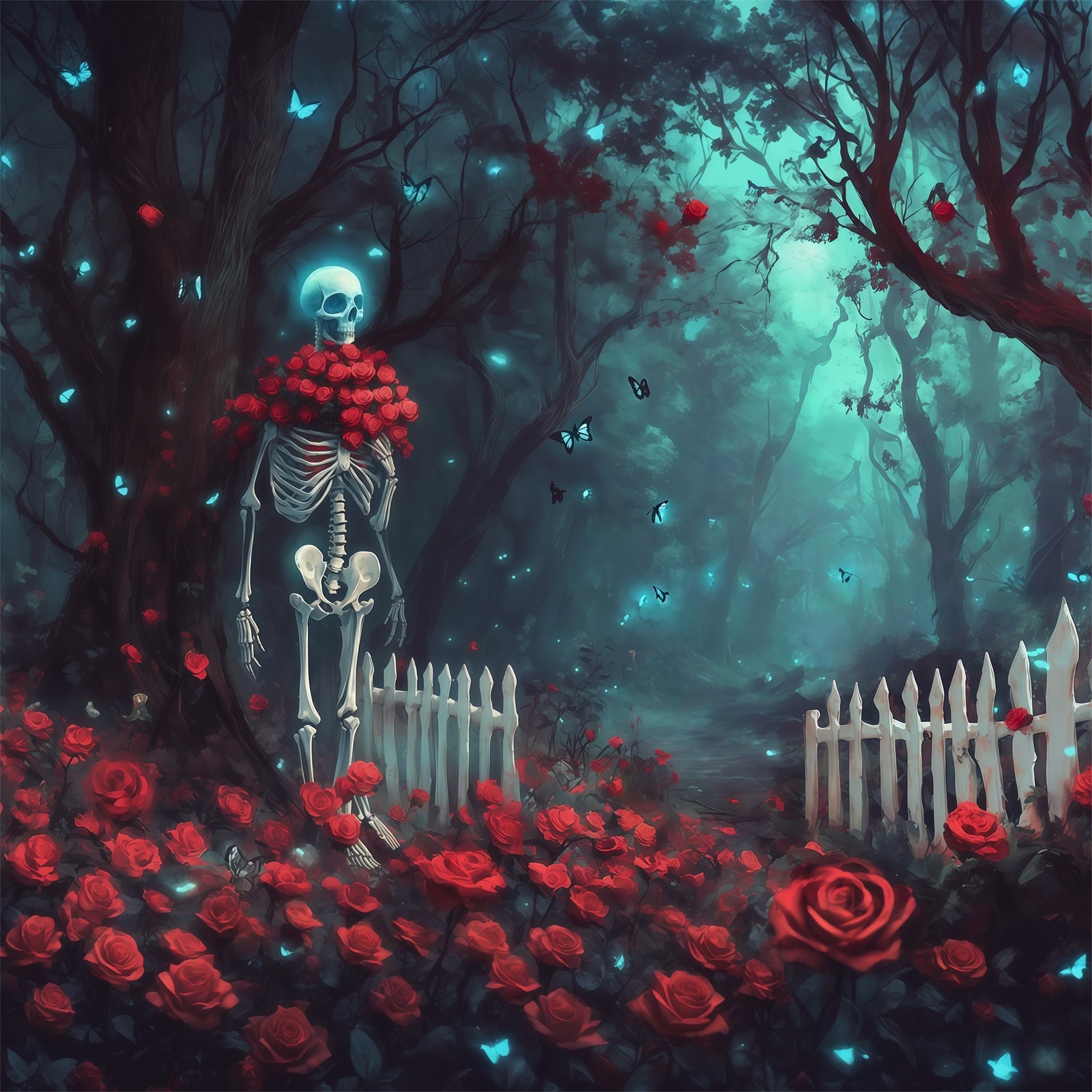 Fabric Halloween Backdrop Skeleton Rose Forest Path Halloween Backdrop For Pictures RR67-29