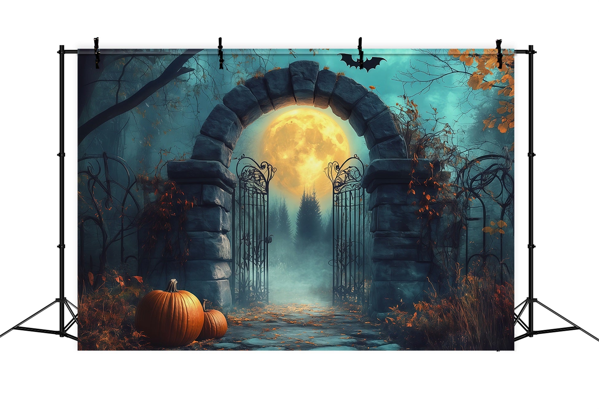 Halloween Arch Backdrop Moonlit Stone Gate Pumpkins Large Halloween Backdrops RR67-33