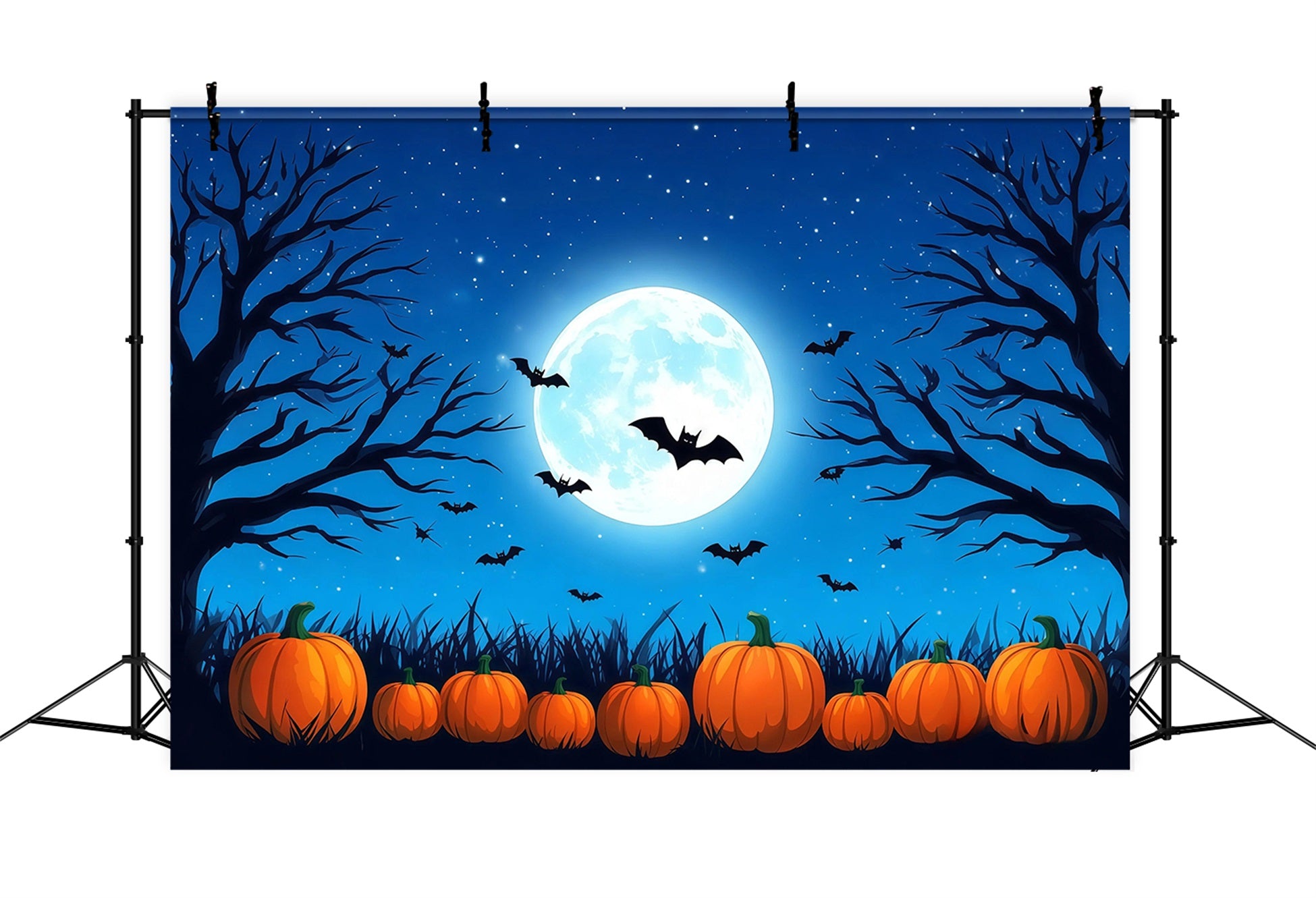 Halloween Backdrop Photo Booth Blue Moon Pumpkin Bats Backdrops Halloween RR67-34