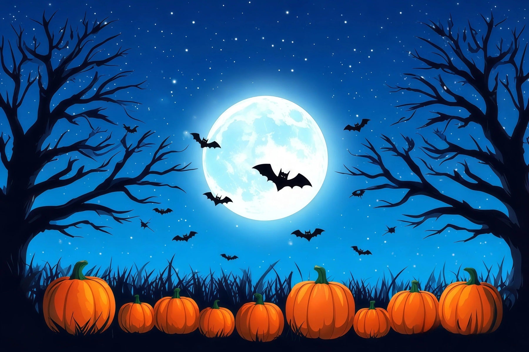 Halloween Backdrop Photo Booth Blue Moon Pumpkin Bats Backdrops Halloween RR67-34