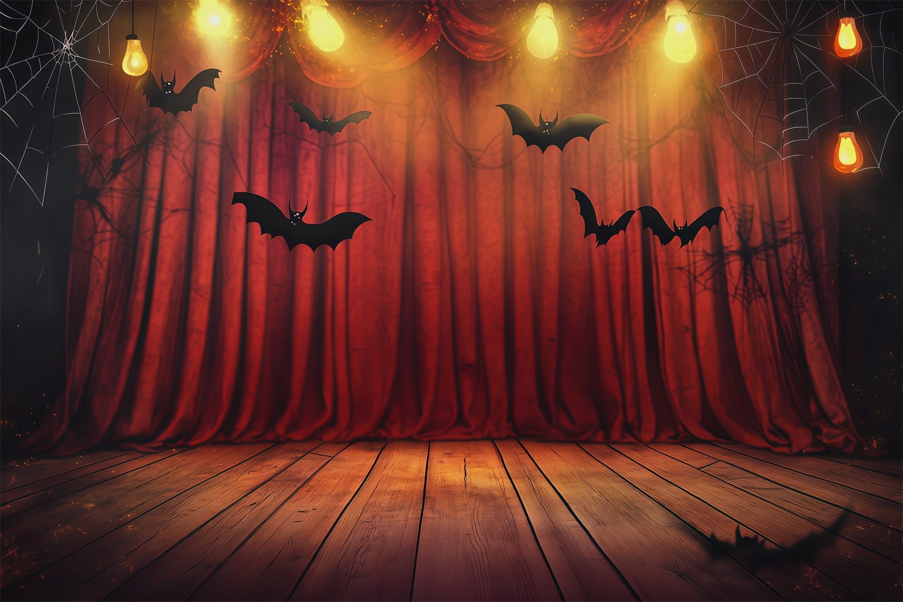 Halloween Stage Backdrop Red Curtain Bat Stage Halloween Photography Backdrops RR67-35