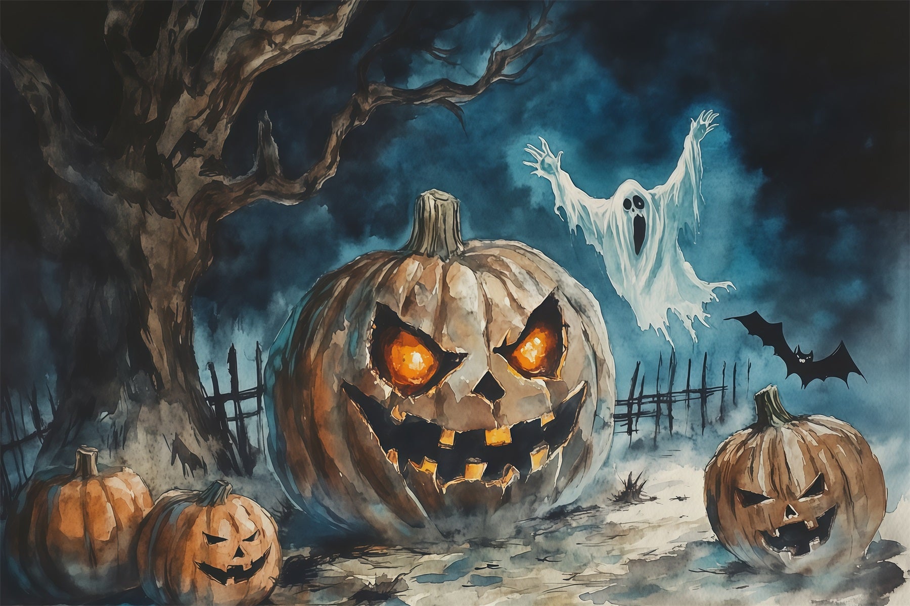 Halloween Backdrop Photography Watercolor Pumpkin Ghost Tree Halloween Scary Backdrop RR67-42
