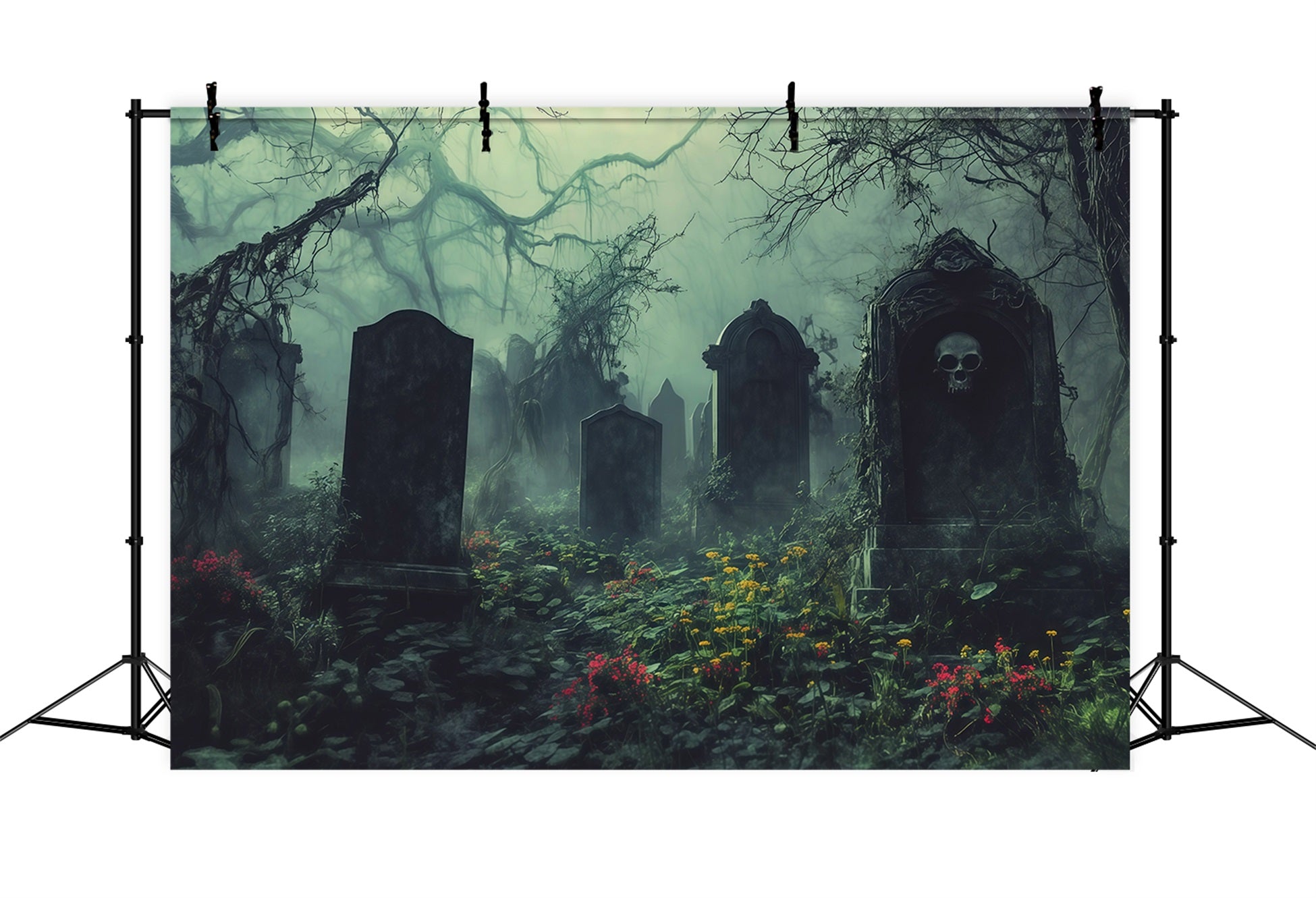 Halloween Cloth Backdrop Misty Overgrown Graveyard Tombstones Graveyard Halloween Backdrops RR67-43