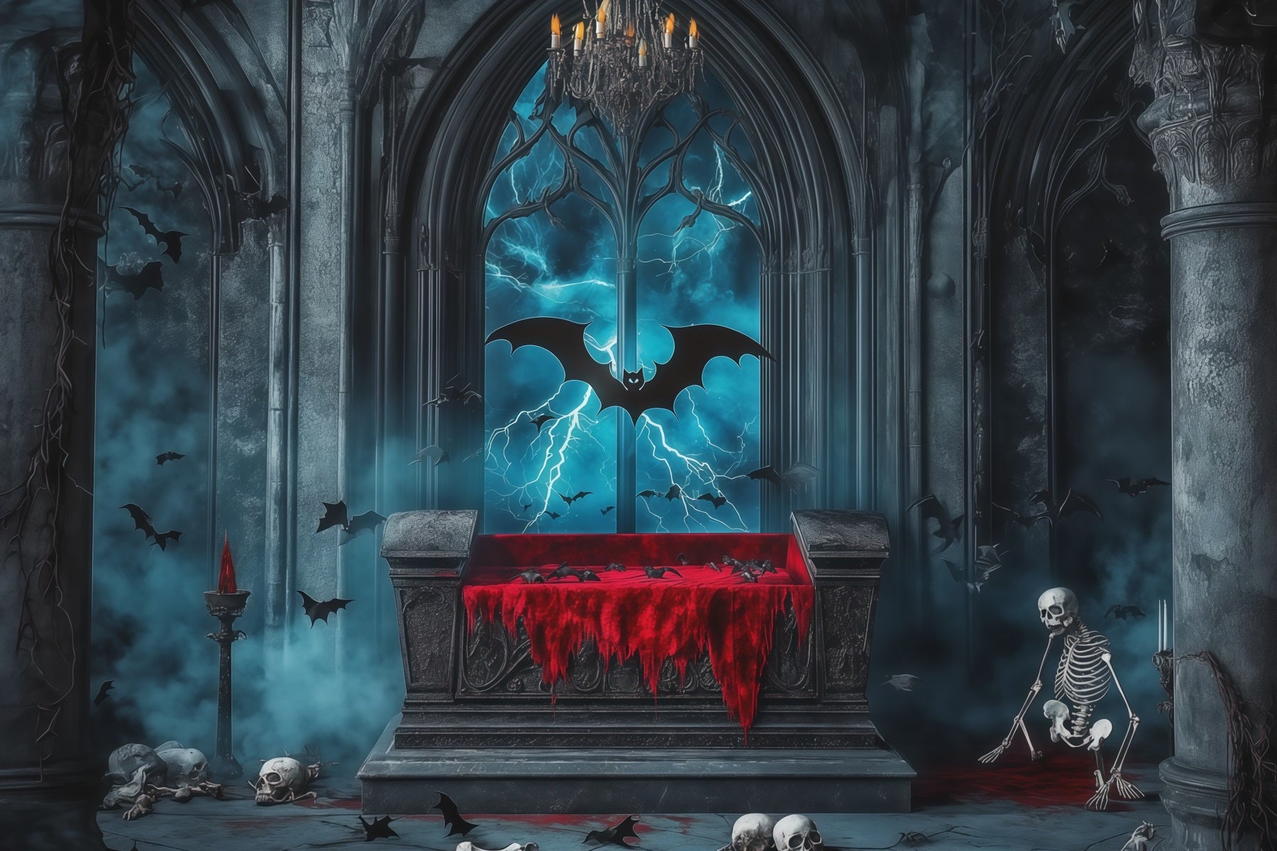 Halloween Scene Backdrop Gothic Coffin Skeleton Bats Backdrop For Halloween RR67-46