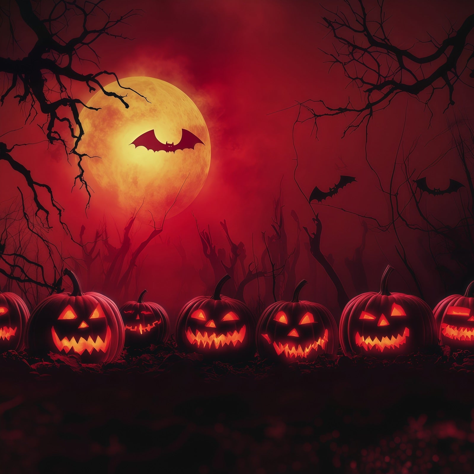 Simple Halloween Backdrop Red Moon Pumpkin Bats Extra Large Halloween Backdrop RR67-48