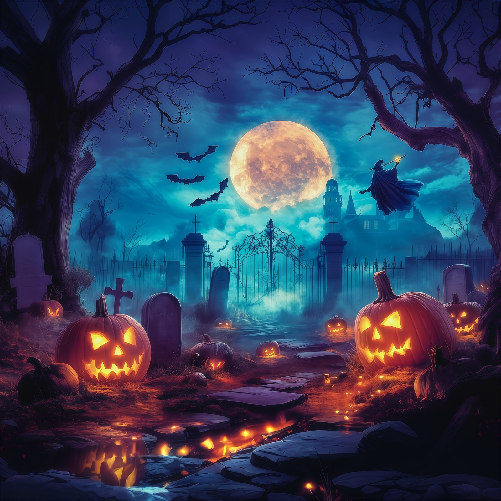 Halloween Themed Backdrops Moonlit Witch Pumpkin Graveyard Halloween Backdrop Ideas RR67-5