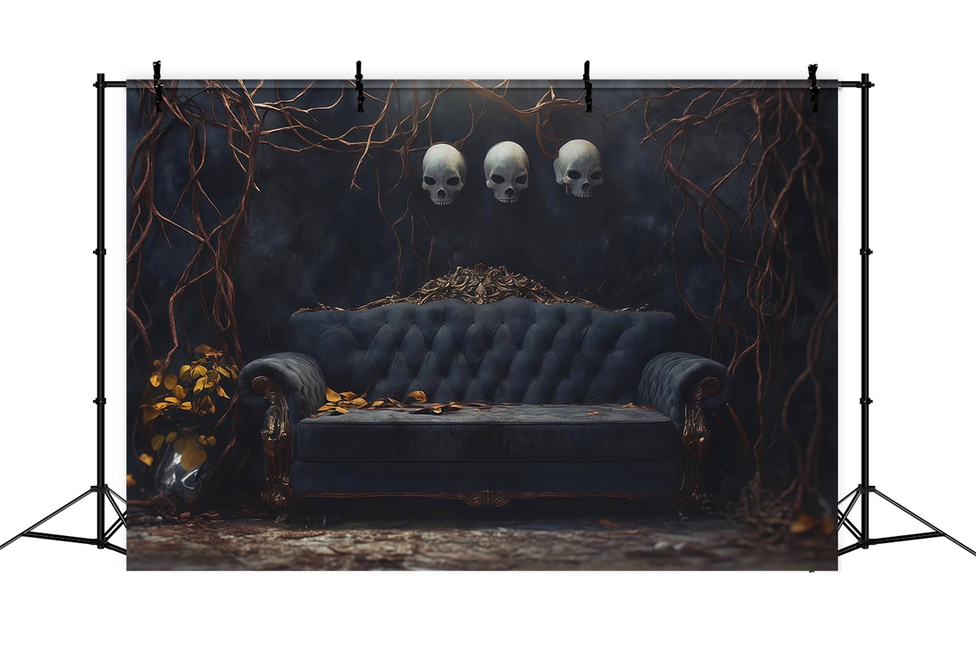Halloween Theme Backdrop Skull Sofa Twisted Vines Halloween Backdrop For Photos RR67-54