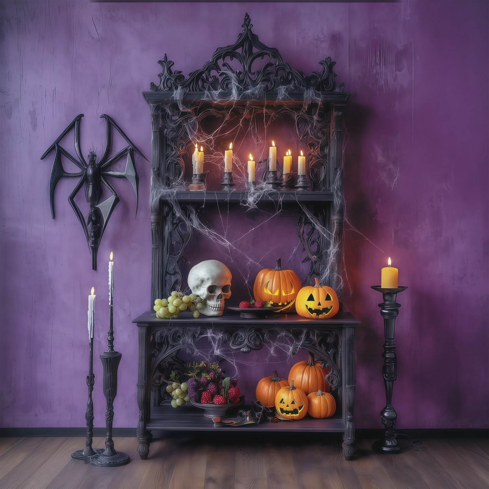 Halloween Themed Backdrops Purple Candle Skull Shelf Halloween Backdrop Ideas RR67-55