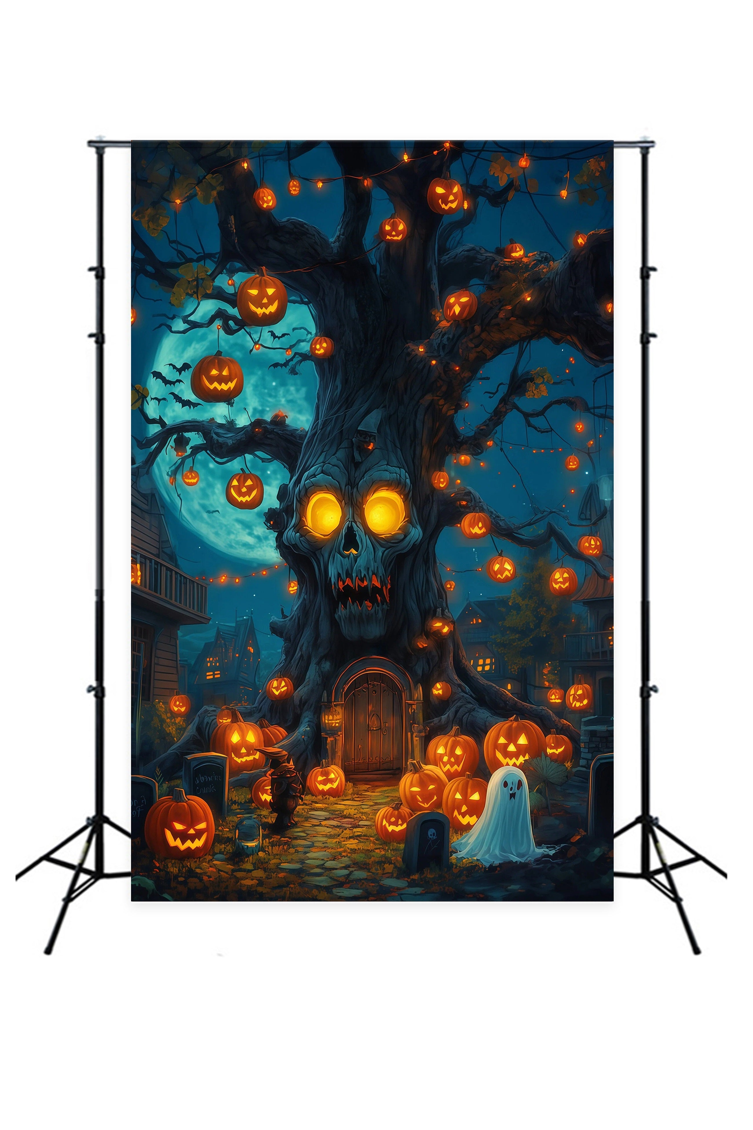 Outdoor Halloween Backdrop Skull Tree Pumpkin Lanterns Spooky Halloween Backdrop RR67-59