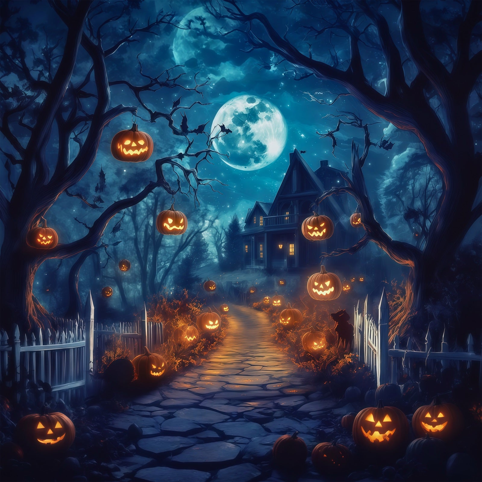 Halloween Outdoor Backdrop Moonlit Pumpkin House Path Halloween Backdrops For Photos RR67-61