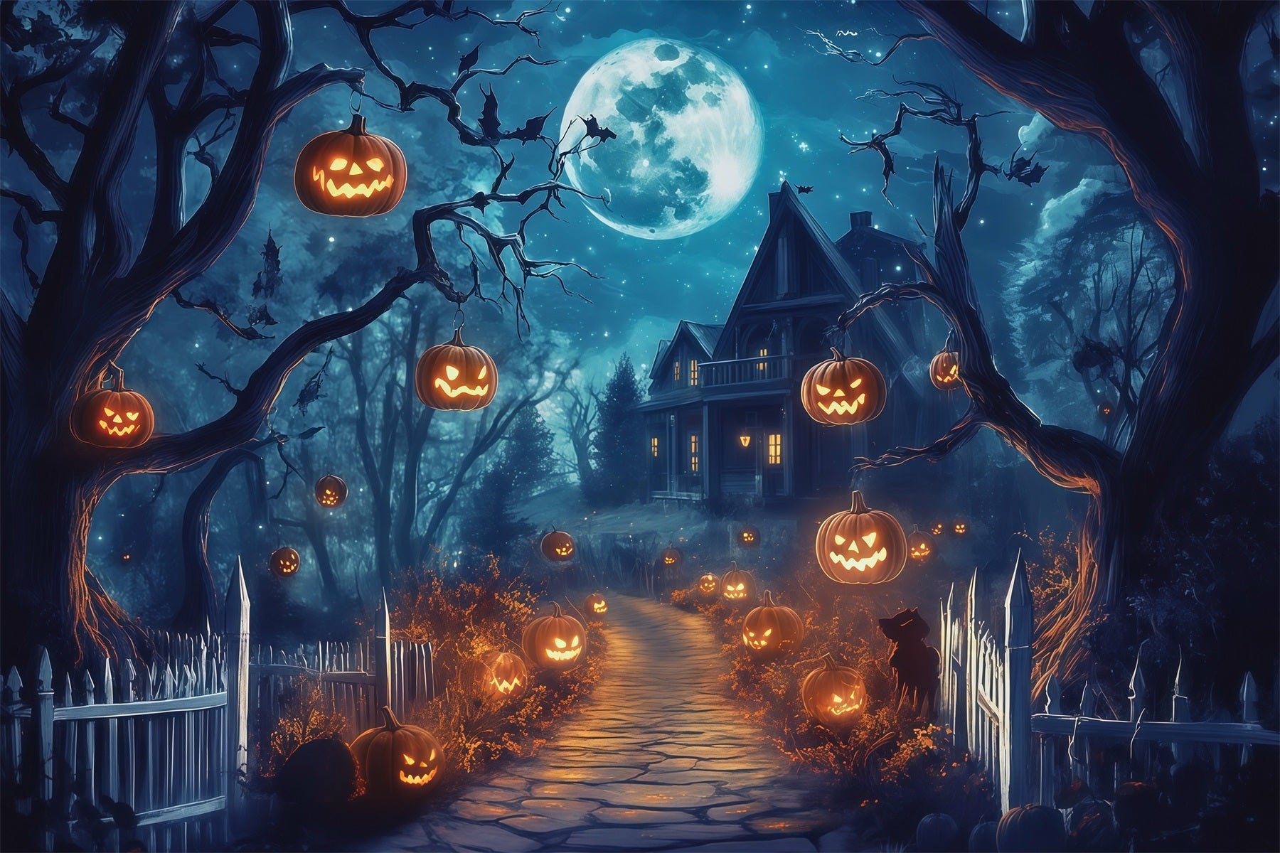 Halloween Outdoor Backdrop Moonlit Pumpkin House Path Halloween Backdrops For Photos RR67-61
