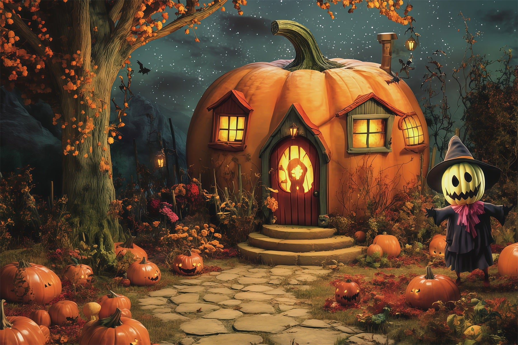 Halloween Pumpkin Backdrop Pumpkin Cottage Scarecrow Garden Halloween Photo Backdrop Ideas RR67-62