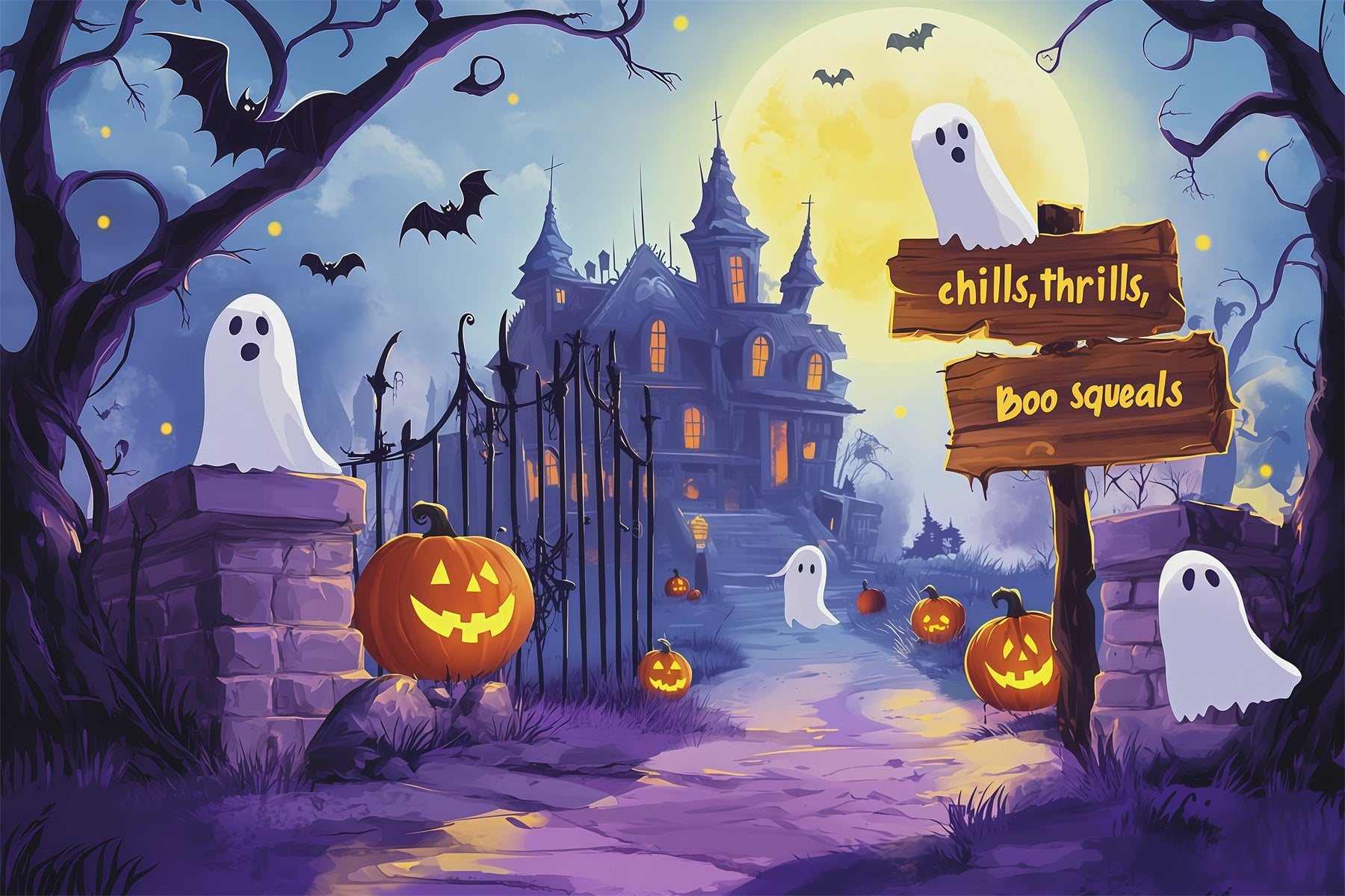 Photo Booth Halloween Backdrop Ideas Ghostly Mansion Path Pumpkins Halloween Picture Backdrop RR67-65