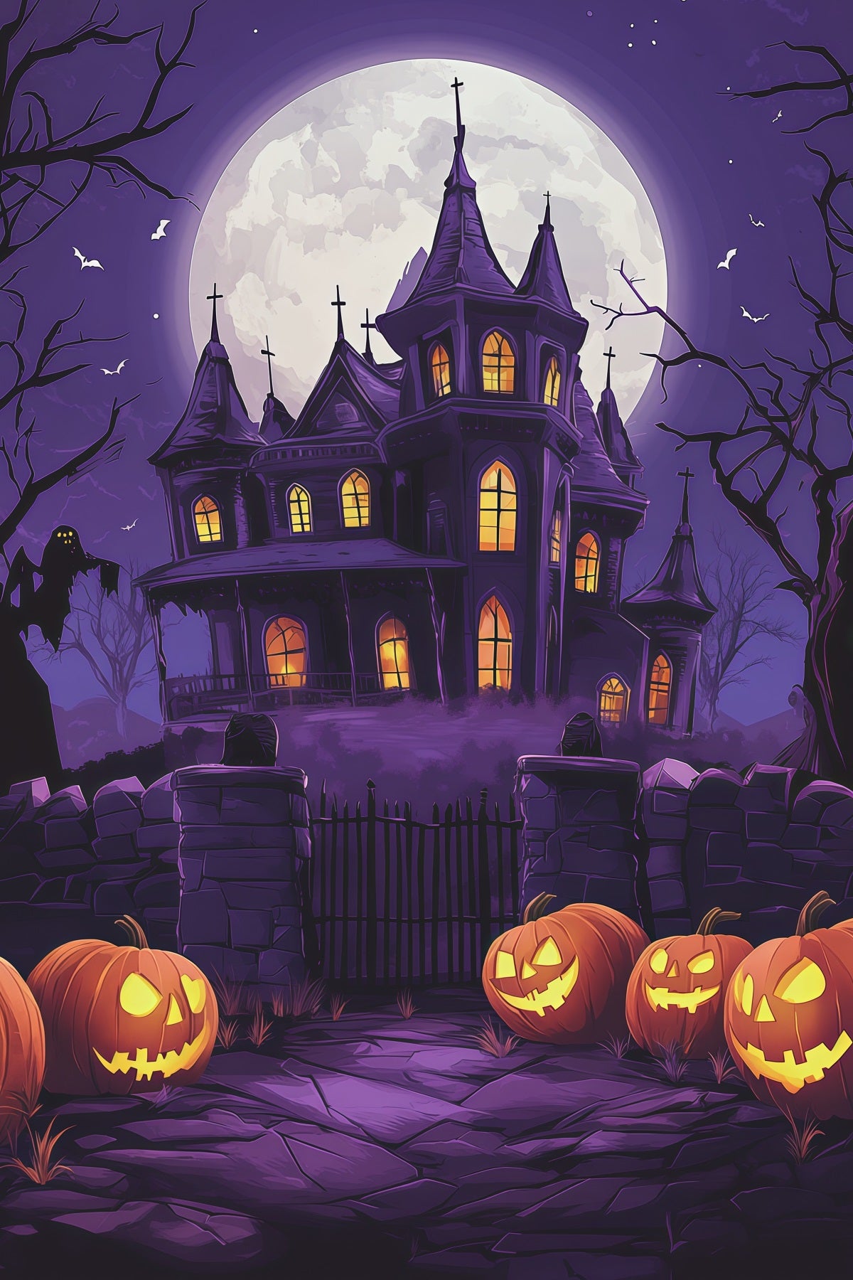 Halloween Castle Backdrop Purple Moon Mansion Pumpkins Large Halloween Backdrop RR67-66