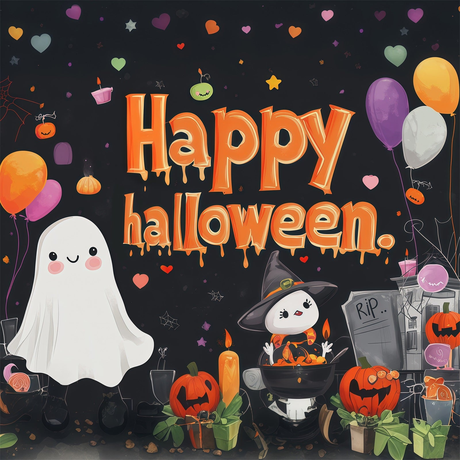 Halloween Party Backdrops Cute Ghost Witch Party Halloween Photo Booth Backdrop RR67-7
