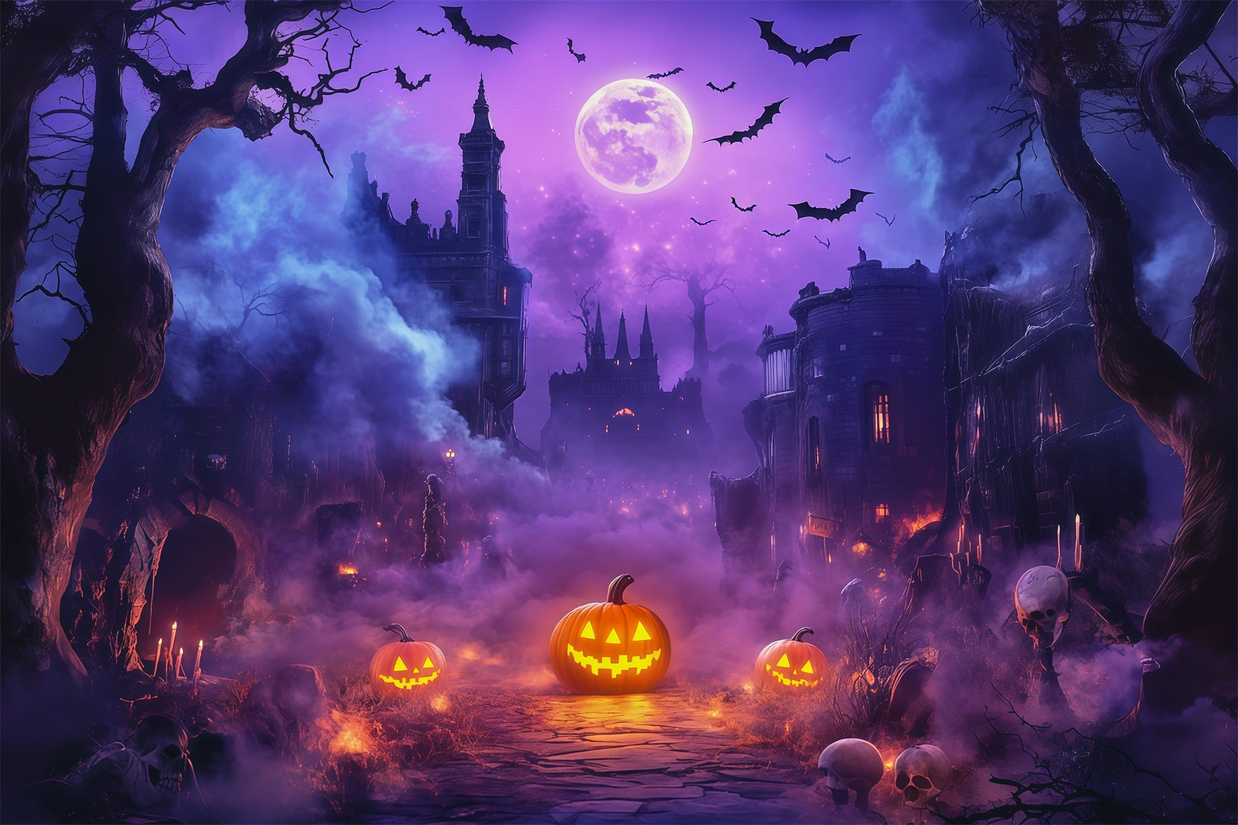 Halloween Backdrop Outdoor Purple Moon Pumpkin Castle Photo Backdrop Halloween RR67-71