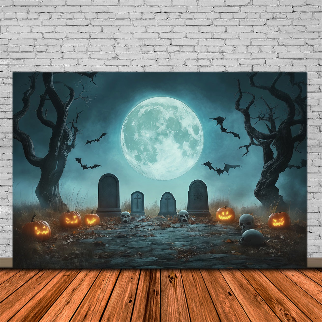 Halloween Graveyard Backdrops Moonlit Pumpkin Cemetery Path Photo Booth Halloween Backdrop RR67-72