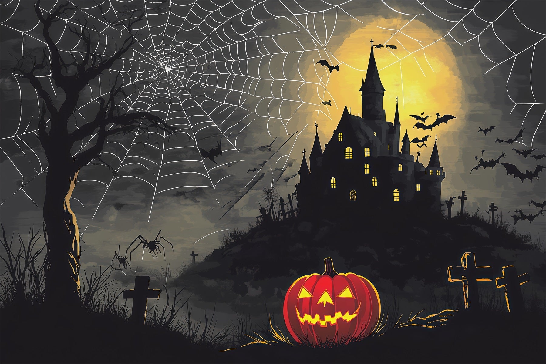 Halloween Spooky Backdrop Spiderweb Castle Pumpkin Night Spooky Halloween Backdrops RR67-74