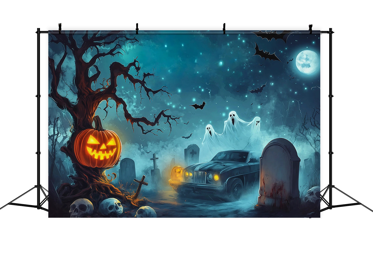 Halloween Garage Backdrop Pumpkin Ghost Graveyard Car Backdrops For Halloween RR67-75