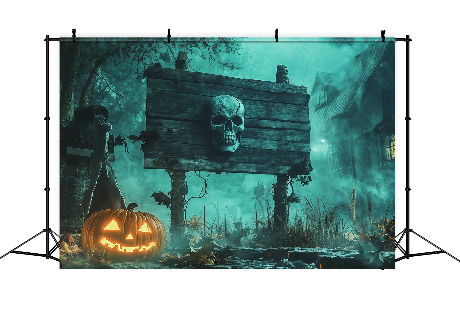 Scary Halloween Backdrop Ideas Skull Sign Pumpkin Fog Halloween Photoshoot Backdrop RR67-78