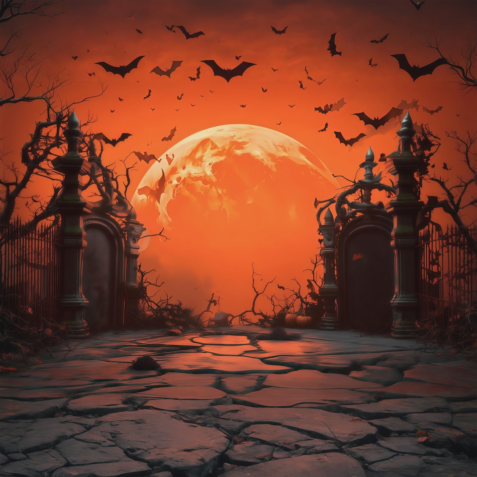 Halloween Moon Backdrop Orange Moon Cemetery Gate Halloween Photo Backdrops RR67-8
