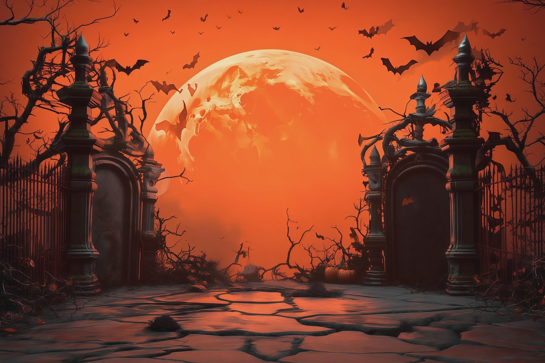 Halloween Moon Backdrop Orange Moon Cemetery Gate Halloween Photo Backdrops RR67-8