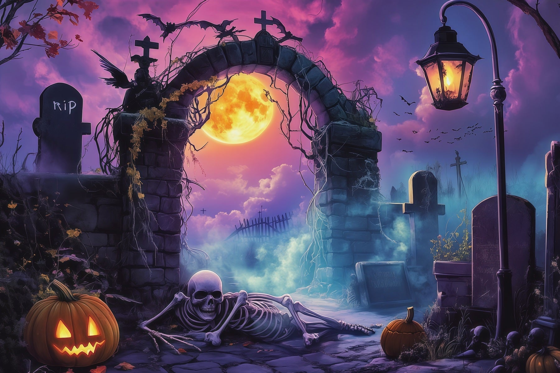 Outdoor Halloween Backdrop Moonlit Graveyard Arch Skeleton Spooky Halloween Backdrop RR67-9