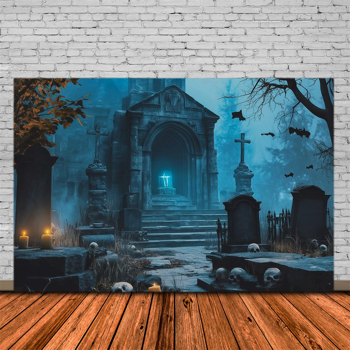 Halloween Cloth Backdrop Blue Crypt Candle Tombs Graveyard Halloween Backdrops RR67-93
