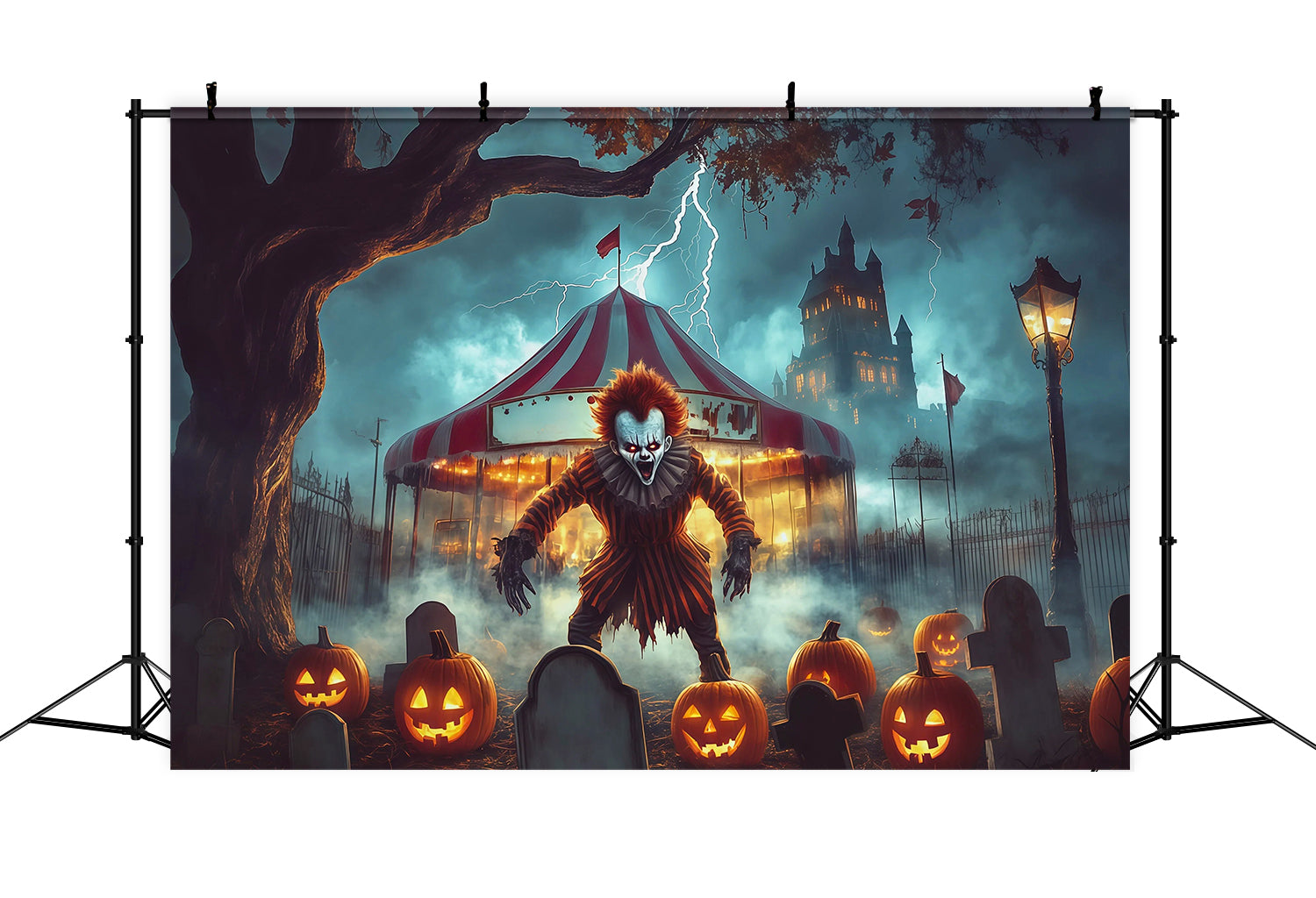 Halloween Clown Backdrop Creepy Circus Graveyard Pumpkin Halloween Fabric Backdrop RR67-99