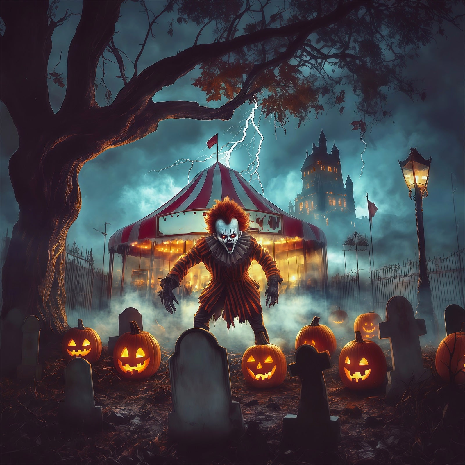 Halloween Clown Backdrop Creepy Circus Graveyard Pumpkin Halloween Fabric Backdrop RR67-99