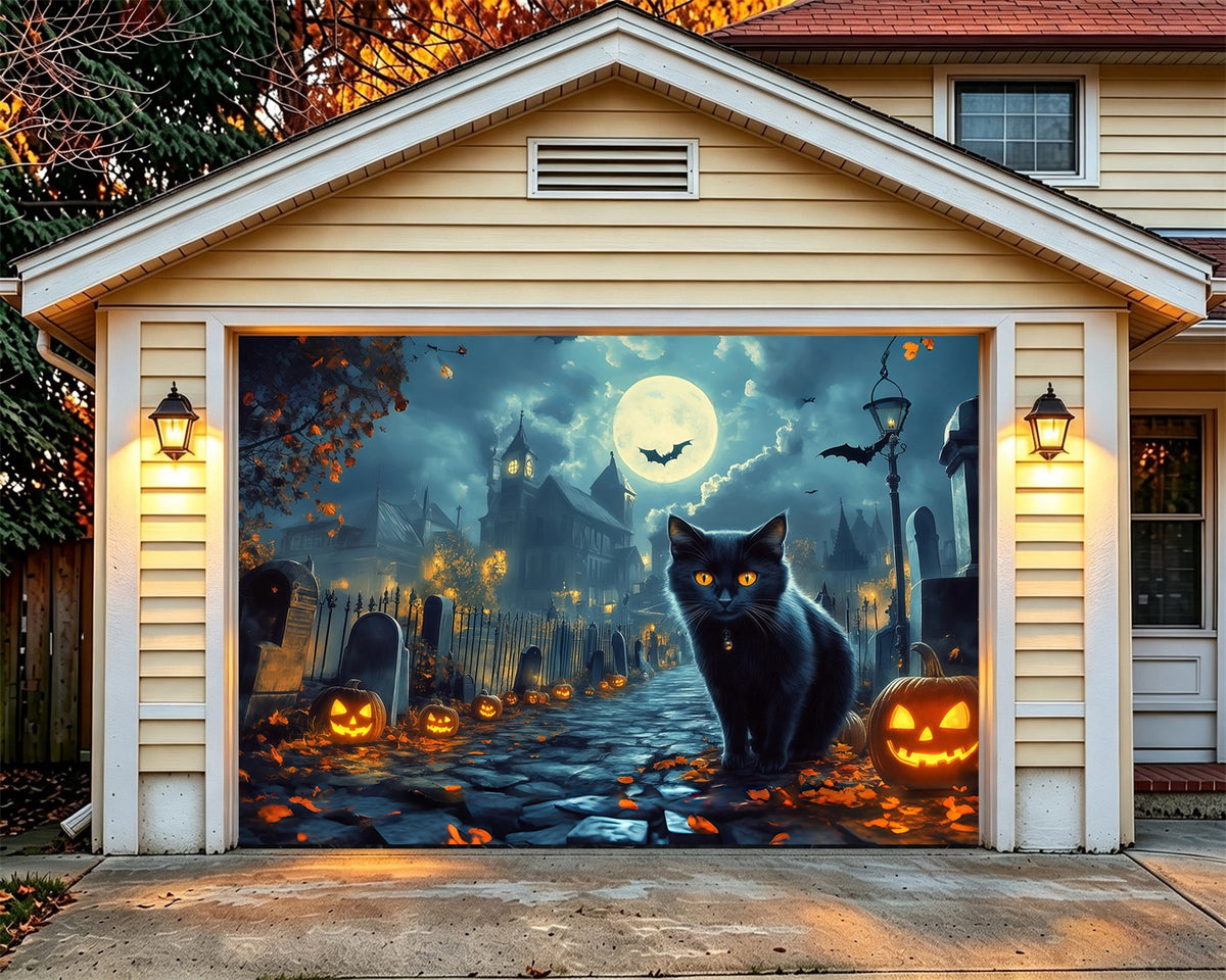 Black Cat Halloween Garage Door Cover Pumpkin Hunted House Outdoor Halloween Garage Door Cover RR68-26-1 car