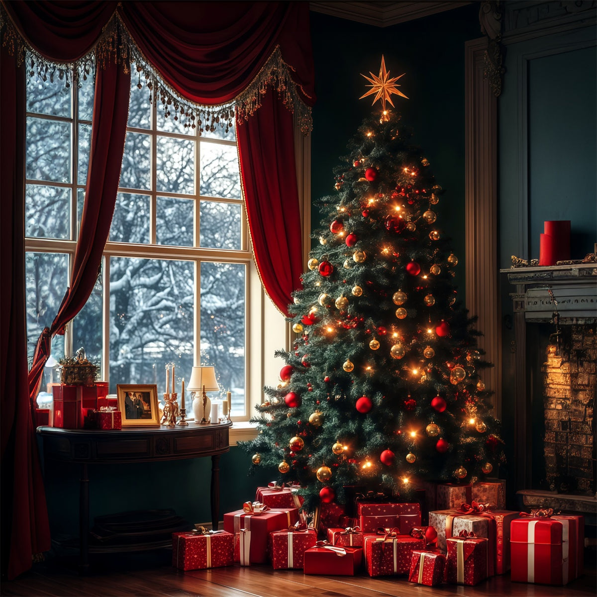 Christmas Tree Photo Backdrop Evergreen Tree Window Glow Christmas Backdrop RR68-61