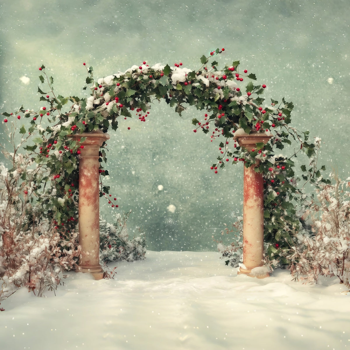 Snowy Christmas Backdrop Winter Snow Holly Archway Backdrop Christmas RR68-65