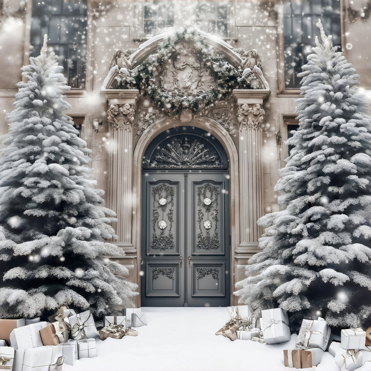 Elegant Christmas Backdrop Snowy Mansion Doorway Photo Backdrops Christmas RR68-77