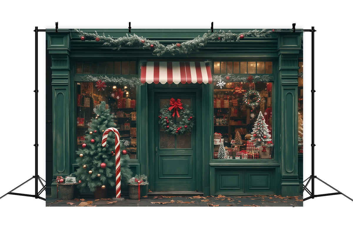 Christmas Shop Backdrop Green Storefront Decor Photo Christmas Backdrop RR68-83