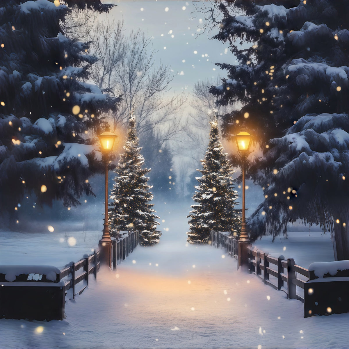 Christmas Forest Backdrop Snowy Pine Lantern Bridge Studio Christmas Backdrop RR68-86