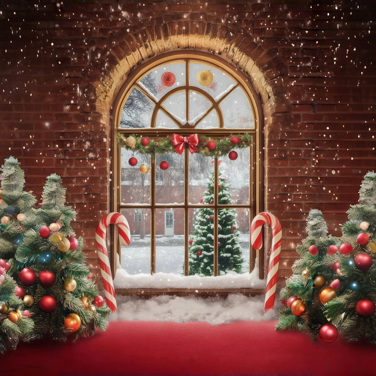 Christmas Window Backdrop Brick Candy Canes Tree Wall Christmas Backdrop RR68-88