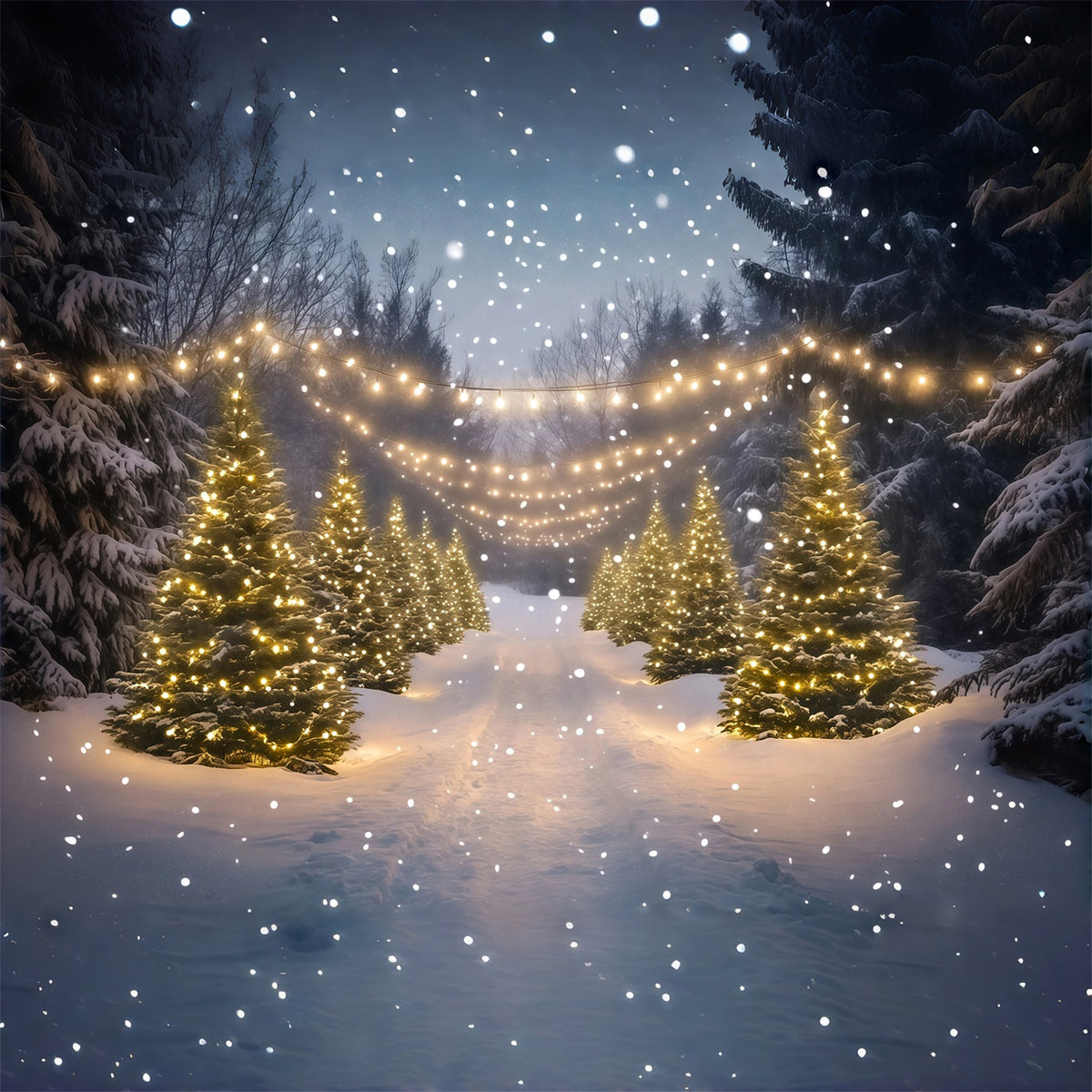 Christmas Wonderland Backdrop Snowy Forest Light Path Indoor Christmas Backdrops RR68-91