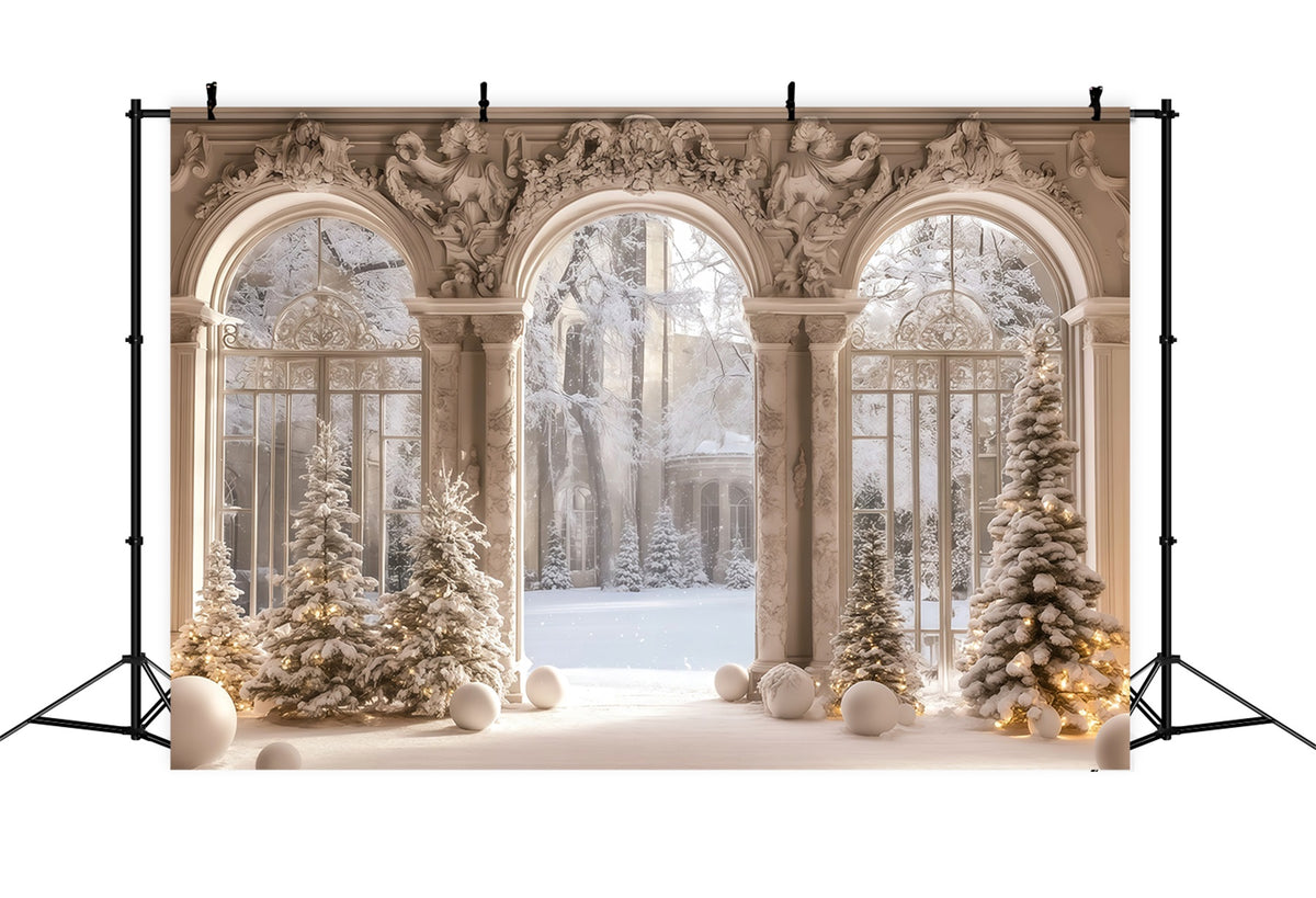 Victorian Christmas Backdrop Snowy Palace Window View Muslin Backdrop Christmas RR68-95