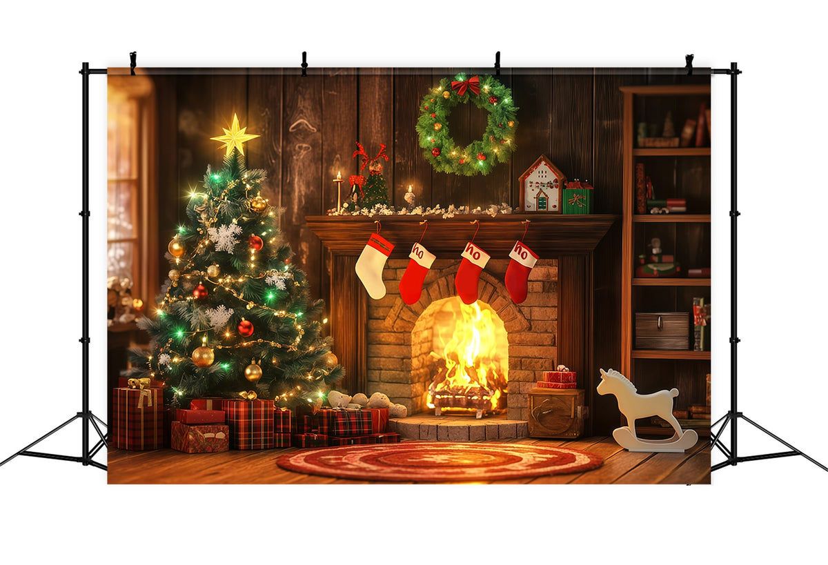 Christmas Fireplace Backdrop Cozy Hearth Stocking Glow Christmas Backdrop RR68-98