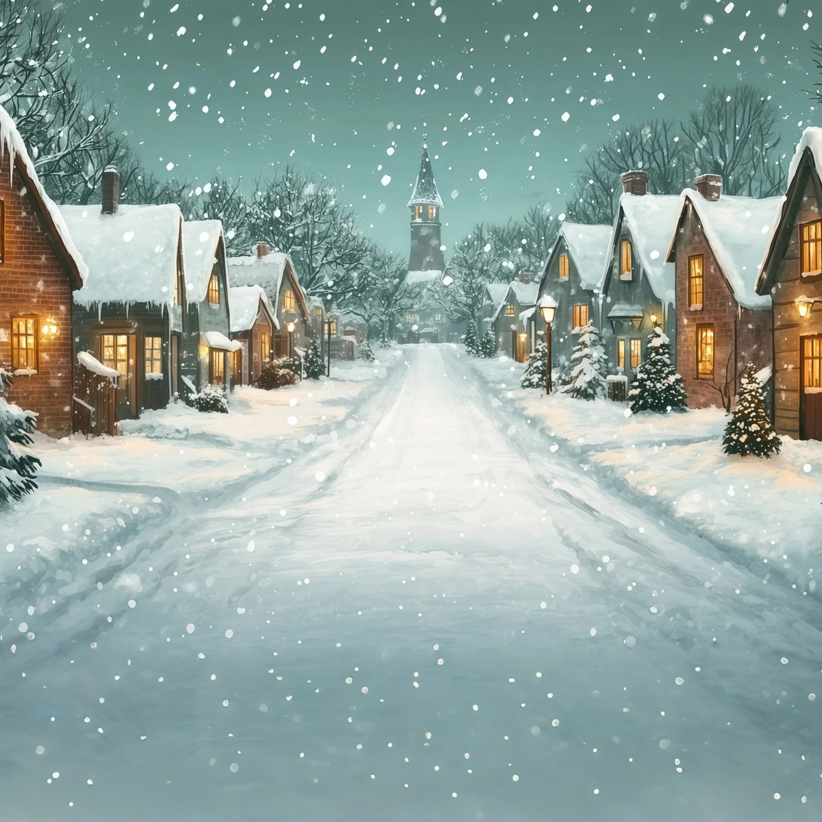 Christmas Street Backdrop Snowy Village Church Lane Photo Backdrop Christmas RR69-100