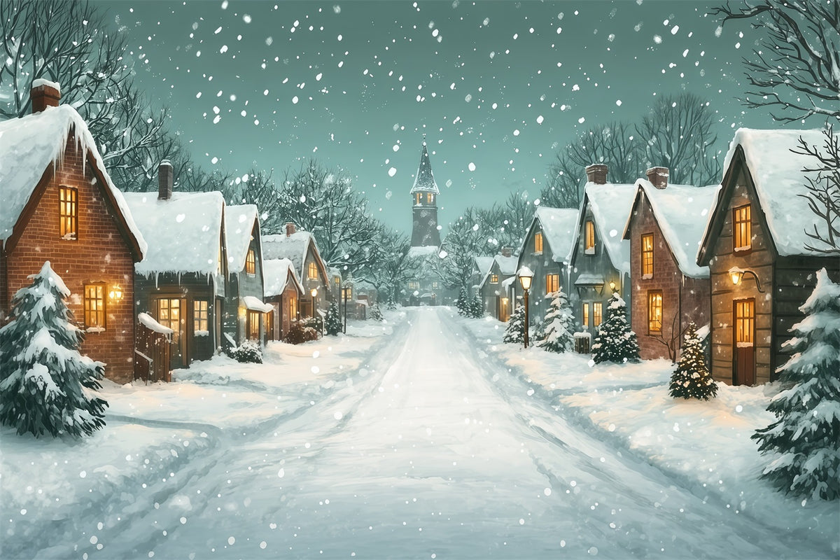 Christmas Street Backdrop Snowy Village Church Lane Photo Backdrop Christmas RR69-100