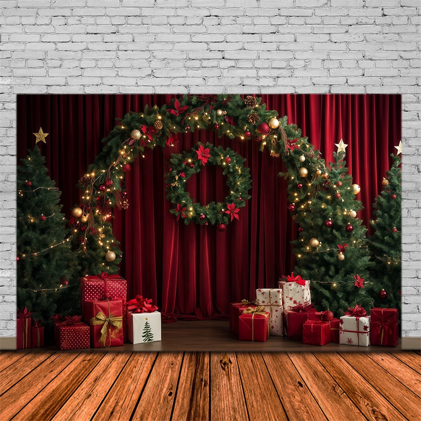 Red Christmas Backdrop Curtain Wreath Garland Arch Large Christmas Backdrop RR69-104