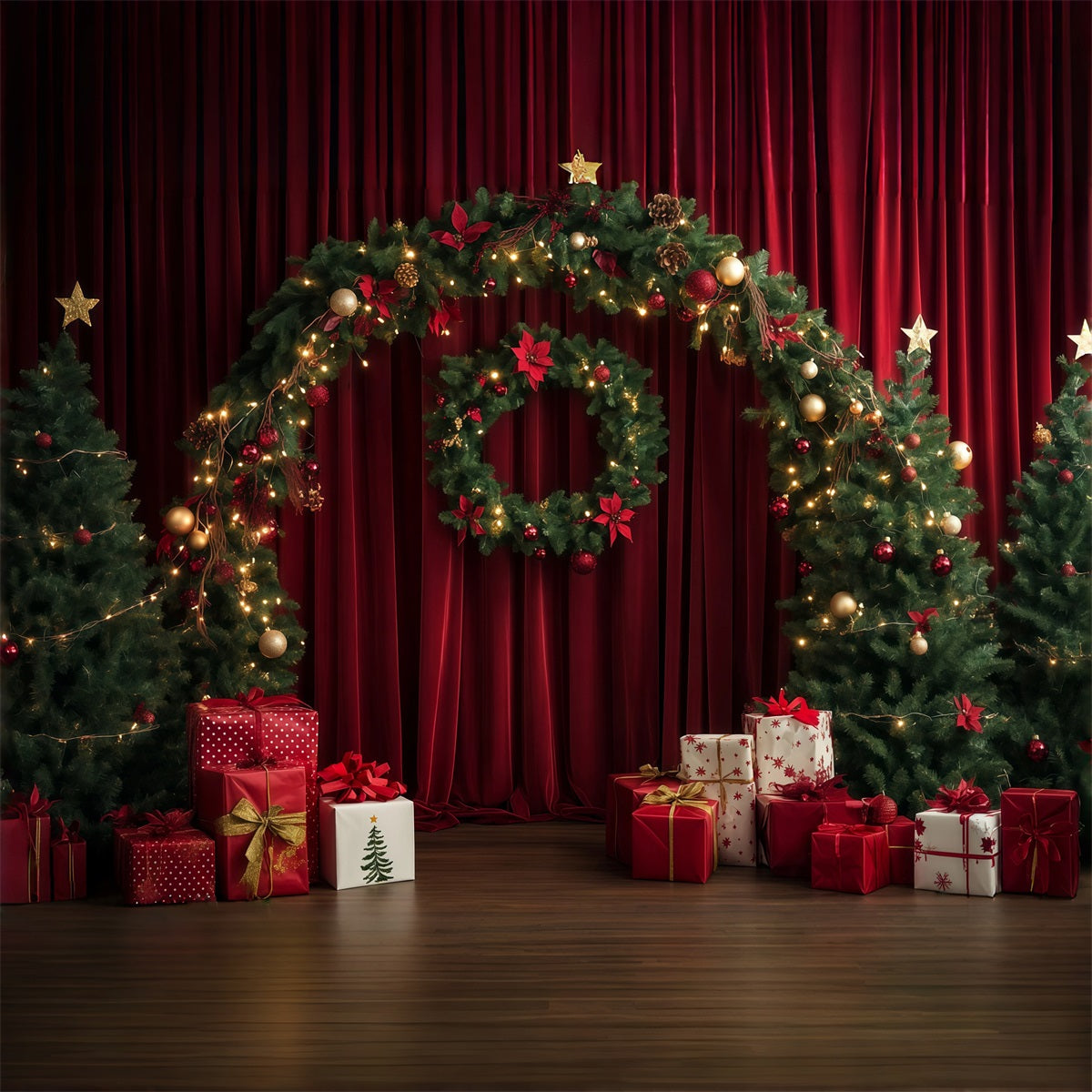 Red Christmas Backdrop Curtain Wreath Garland Arch Large Christmas Backdrop RR69-104